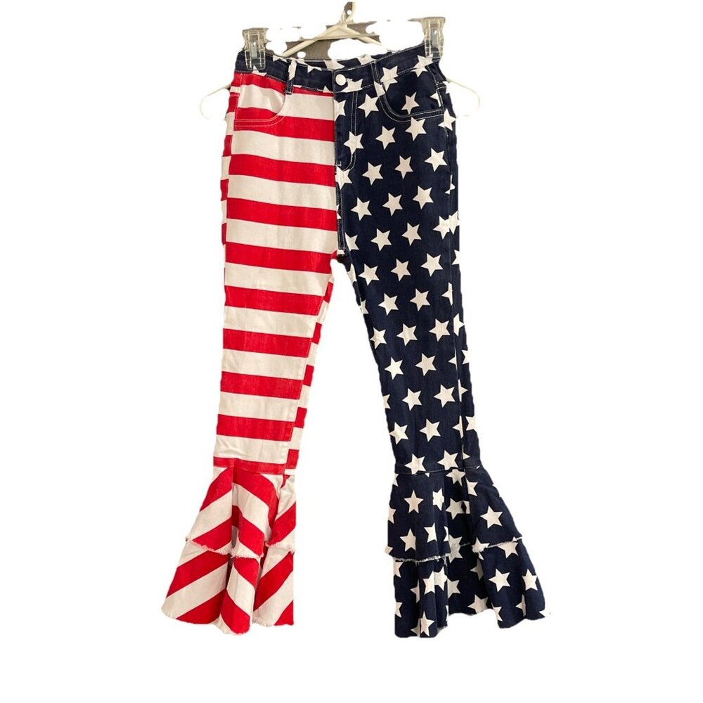 American Flag Kid Layered‎ Bell Bottom Jeans Sz 24" waist High Rise Tradition